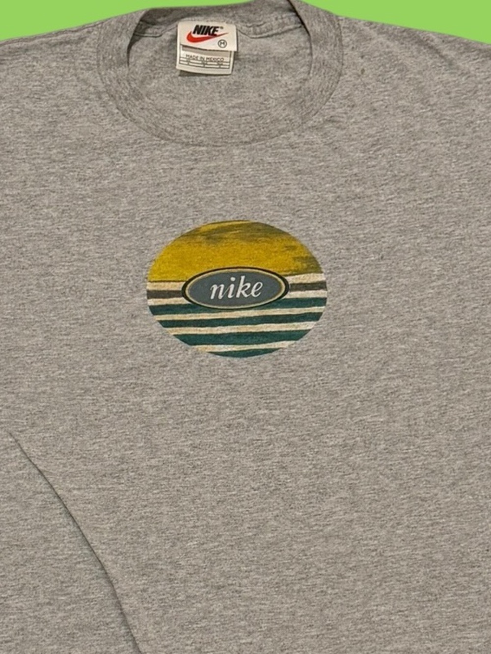 Vintage 90s Gray Nike Shirt Circle Logo Green Yellow White Tag Medium Oversized